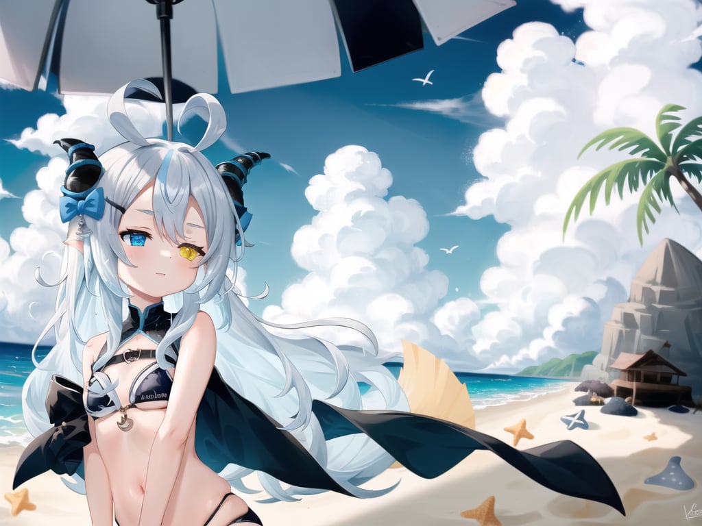 1girl, sidelighting, wallpaper, full_body, high_res, sky blue_hair, ahoge, pointy_ears, horn_ornament, horn_ribbon, hairclip, blue_eyes, heterochromia, yellow_eyes, small_breast, loli, koav1, black_bikini_bottom, beach