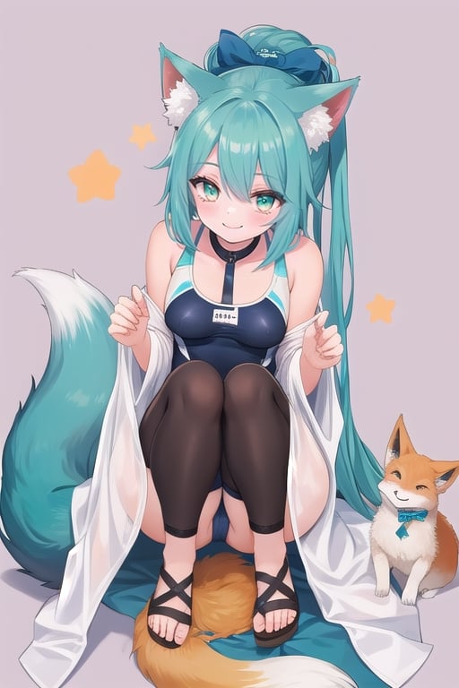 1girl, sidelighting, wallpaper, swimsuit, smile, aqua_eyes, fox ears,full_body,keiramevt