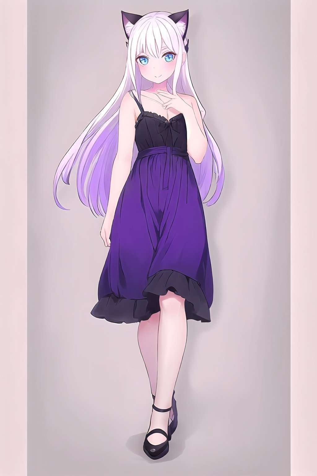 1girl, sidelighting, white hair purple tips,cat ears, blue_eyes, long_hair,wallpaper,full_body,RicheHayashi