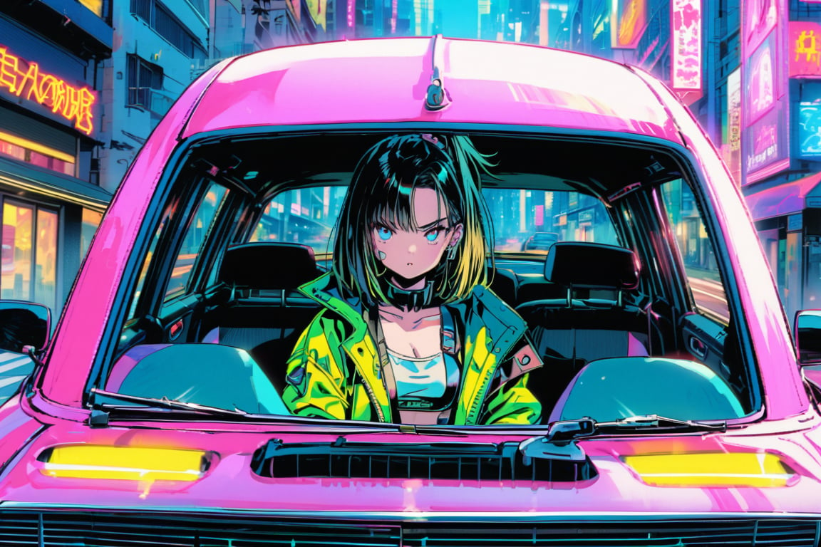 inside car view, futuremadness of woman warrior wearing cyberpunk style clothes, drive a mustang in the city., retro 90s style.