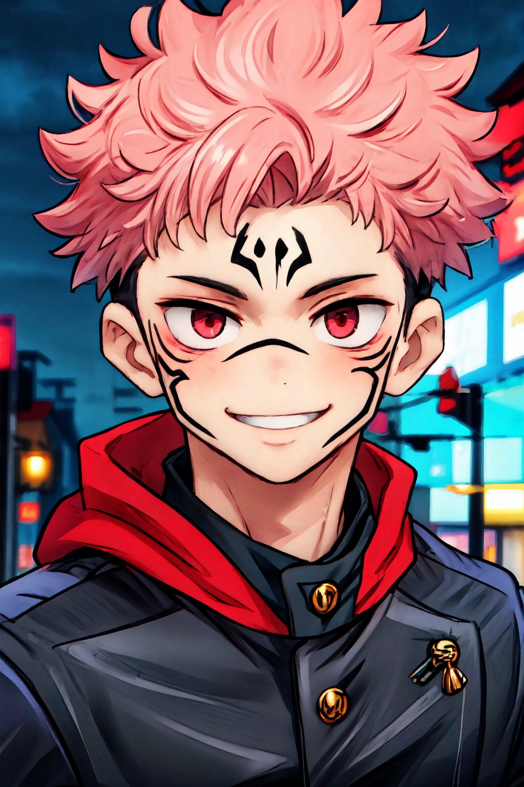 (masterpiece), best quality, expressive eyes, perfect face, looking at viewer, front view, close-up on face, 1male, SUKUNA, smile, red eyes, pink hair, TATTOO_ON_HIS_FACE, school uniform, black jacket, red hood, street, city, night, itadori yuji