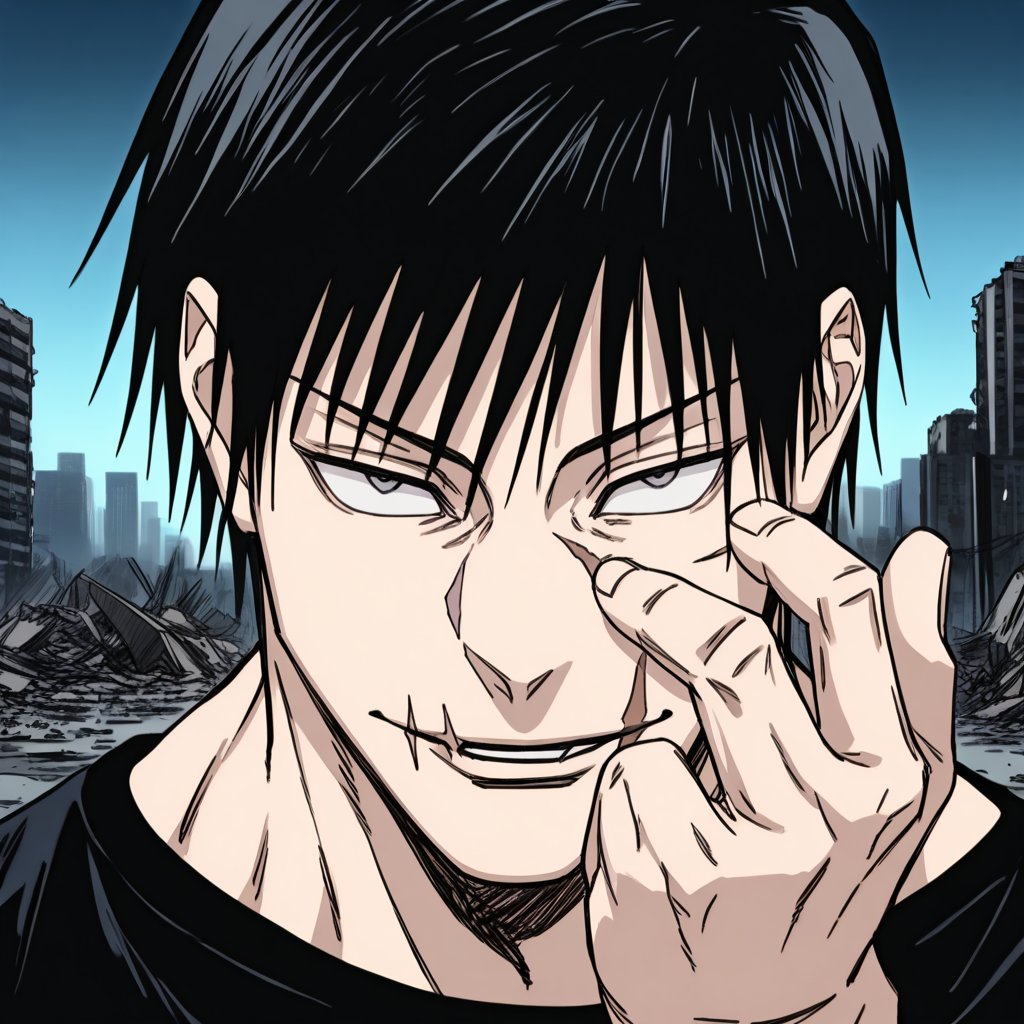 Source_anime, Rating_questionnable, Score_9, score_8_up, score_7_up, score_6_up, score_5_up, score_4_up, 1boy, solo ,t0j1, black hair, huge muscles, short hair, scar, fringe, black eyes, scar on face, muscular, black t-shirt, white pants, outdoors, city,looking at viewer, narrowed pupils, smile, portrait, parted lips, close-up, focus on face, hand signal, hand in front of face, destroyed buildings, night