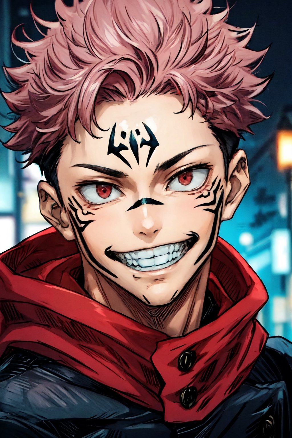 (masterpiece), best quality, expressive eyes, perfect face, looking at viewer, front view, close-up on face, 1male, SUKUNA, smile, red eyes, pink hair, TATTOO_ON_HIS_FACE, school uniform, black jacket, red hood, street, city, night, itadori yuji