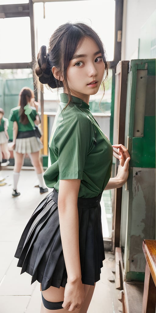 1girl, half body portrait, (age 13-16:1.4), gorgeous, (dynamic pose:0.8),studio lighting, white background, ((vietnamese teen top model)), bang, curly long hair, buns, heterochromia,,downblouse, ((twuniform)). ((green taiwan high school uniform))