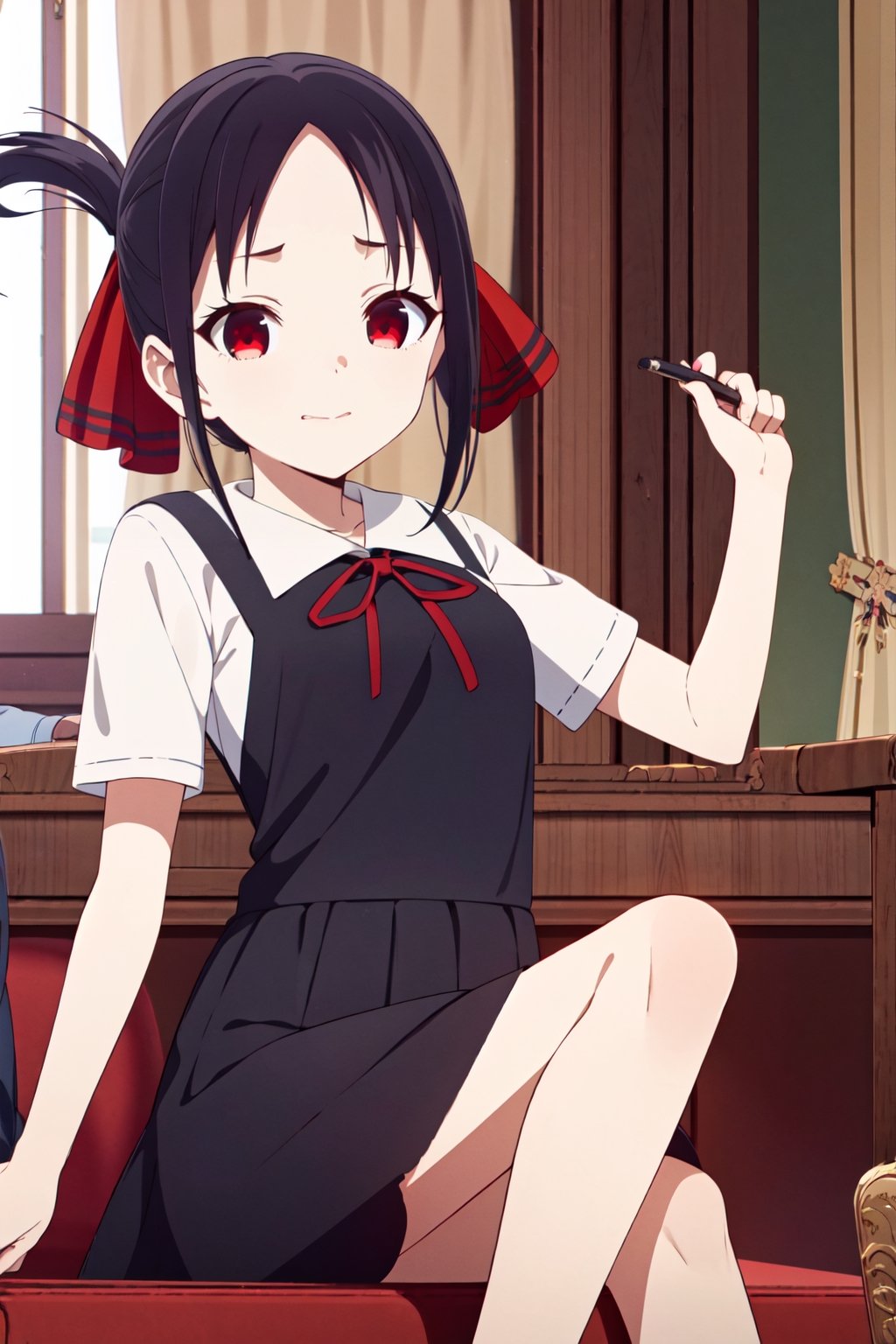 One woman ,18 age, big breasts, black hair , bangs , relax face,close mounth , full-body_portrait , crossed_legs_(sitting) , sitting on a chair,nudity,nsfw,kaguyashinomiya, ,kaguya shinomiya, folded ponytail, forehead, hair ribbon, (red eyes:1.5), red ribbon, ribbon, short hair, sidelocks, (small breast:1.2),BREAK black dress, dress, pinafore dress, school uniform, shirt, short sleeves, shuuchiin academy school uniform, white shirt,BREAK looking at viewer,BREAK indoors, classroom,BREAK , (masterpiece:1.2), best quality, high resolution, unity 8k wallpaper, (illustration:0.8), (beautiful detailed eyes:1.6), extremely detailed face,belly button,knee socks,(best quality),boobs,belly button,nsfw,naked