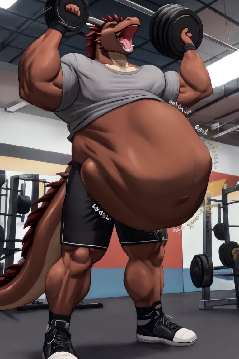 Male Muscular Dark brown dragon,  (( wearing a gray t-shirt and black shorts)),  at a gym by Quil on Tensor.Art
