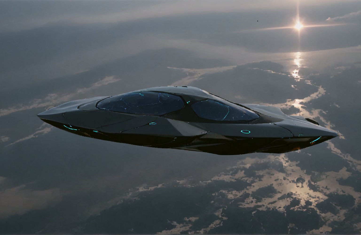 Ultra realistic 8K image,  of a Shiny Massive futurist spaceship with light edges and borders,  parked on the ground in a...