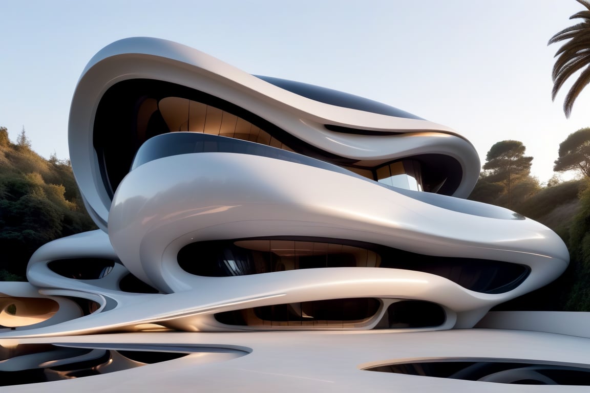 Zaha Hadid art style, design of a self sustain house, one floor, semy buried, hyper-realistic, 8k UHD, DSLR, soft lighting, high quality, film grain, Fuji-film XT3s
