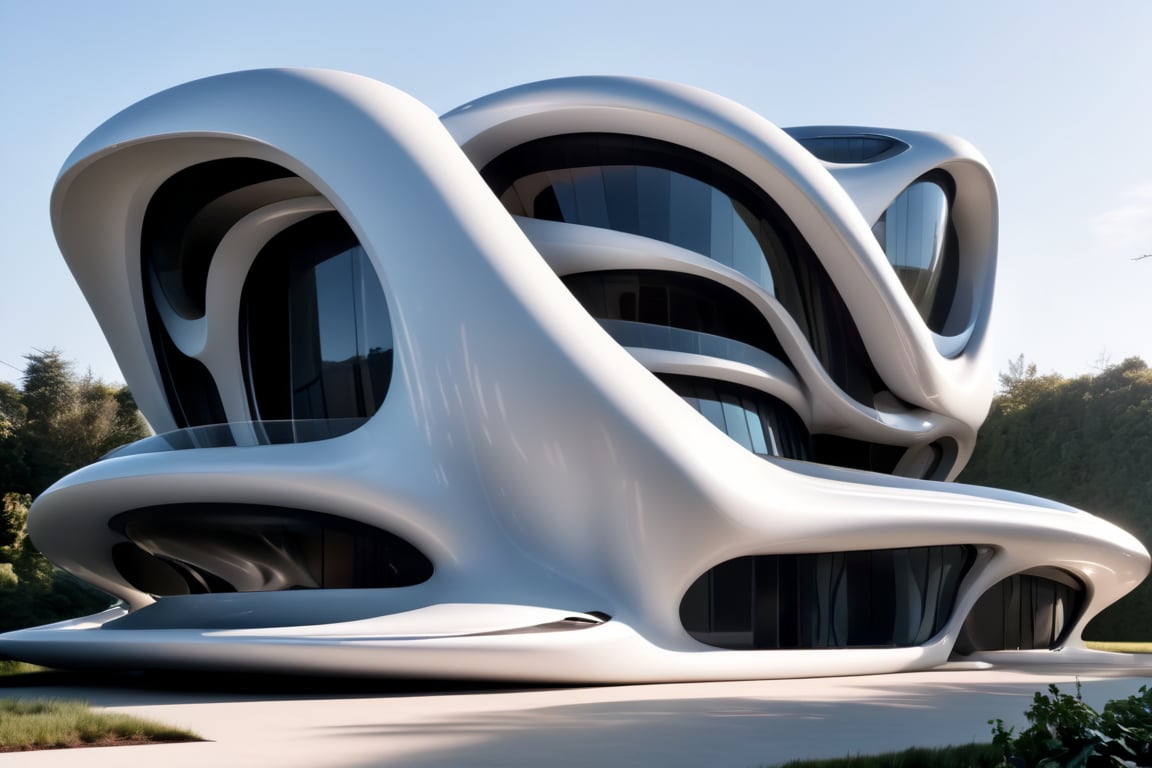 Zaha Hadid art style, design of a self sustain house, one floor, semy buried, hyper-realistic, 8k UHD, DSLR, soft lighting, high quality, film grain, Fuji-film XT3s
