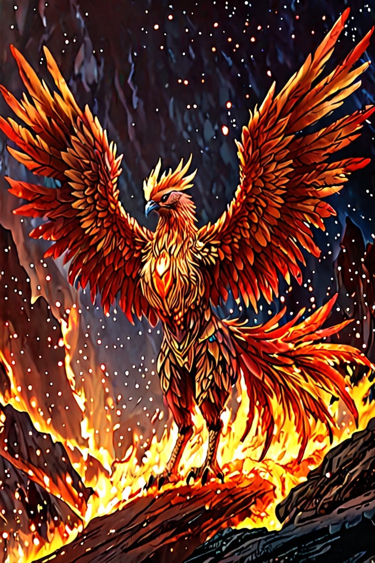 a phoenix, a large bird, with orange and red feathers, wings wrapped in fire, glowing embers, glowing, detailed sci-fi fantasy background,gbaywing,potma style,DRG