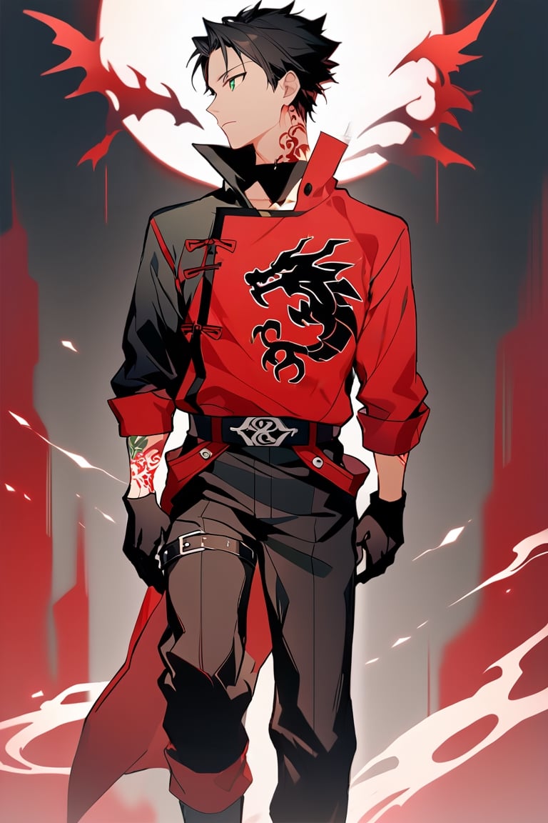 alone, short hair, black hair, emerald green eyes, red coat with black trim adorned with dragon symbols,, gloves, long sleeves, 1 man, standing, male focus, tall body, black gloves, belt, pants, black shirt, black pants, red aura, details, dragon sign tattoo, red tattoo on the neck,green eyes