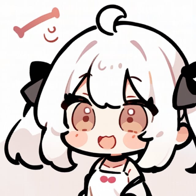  chibi, masterpiece, best quality, solo, 1girl, white hair, long hair, (two side up), brown eyes, two black bows on head,  choker,  ahoge,  cute smile, best smile, open mouth,  and white dress, short pants, simple background,masterpiece,Chibi anime,doodle,cute comic,cute girlmix