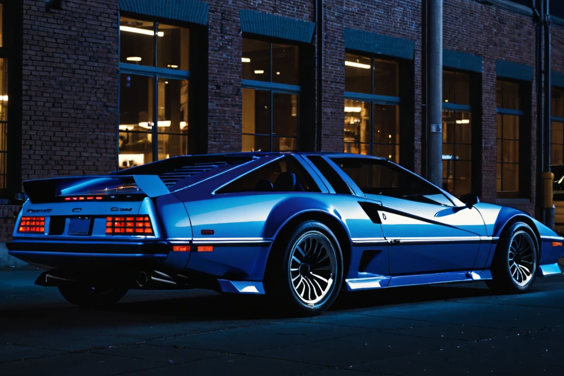 a 1980s sports car sitting in urban area at night seen from side view, 2 door car, sharp exhaust, blue chrome paint, photorealistic, best quality, masterpiece, (c_car), concept cars