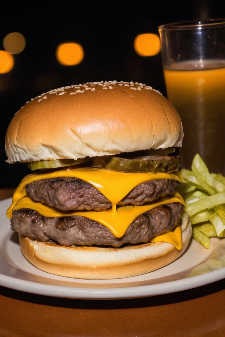 point and shoot camera amateur photography of a double cheeseburger, on a plate, restaurant at night, soft brown yellow lighting, f/16, noise, bad light