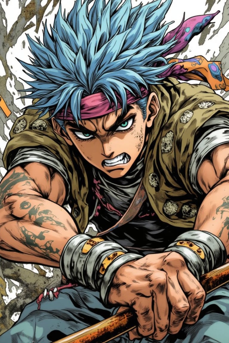 A Niji-style anime illustration capturing a Young vagabond, bandana holding his long spiky blue hair, light eyes of anger, as he grits his teeth about to strike his opponent in a street fight, p, 3/4 profile view of the baton in his hand