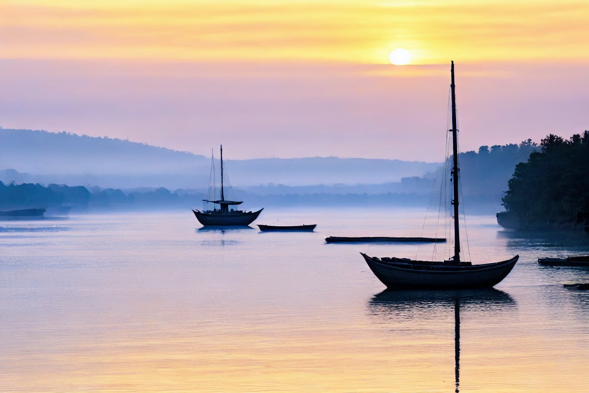 A serene Kerala backwaters landscape: a wooden houseboat with thatched roof, softly lit by an oil lantern, glides across the foreground's calm water. The brushwork is textured and expressive, capturing the lush greenery and winding river. A solitary palm tree stands tall, its fronds gently swaying in the breeze as ripples lap at the shore. A dark pa8nging The lantern is the only source of light revealing the scene above.