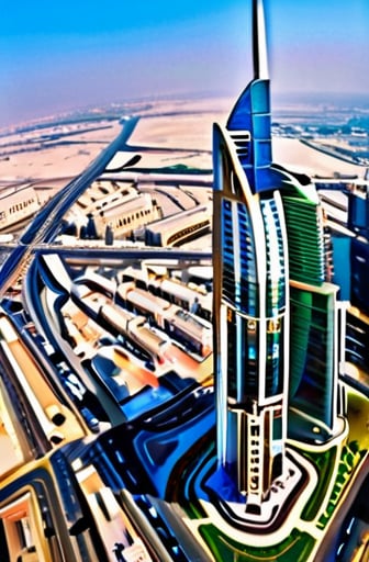 Panoramic shot from atop Burj Khalifa's helicopter pad: Dubai's metropolis sprawls below, bathed in warm sunlight. Sheikh Zayed Road's skyscrapers stand tall, while distant traffic hum and chatter harmonize in a lively symphony. The tranquil creek glimmers in the distance, juxtaposed against the city's frenetic energy.