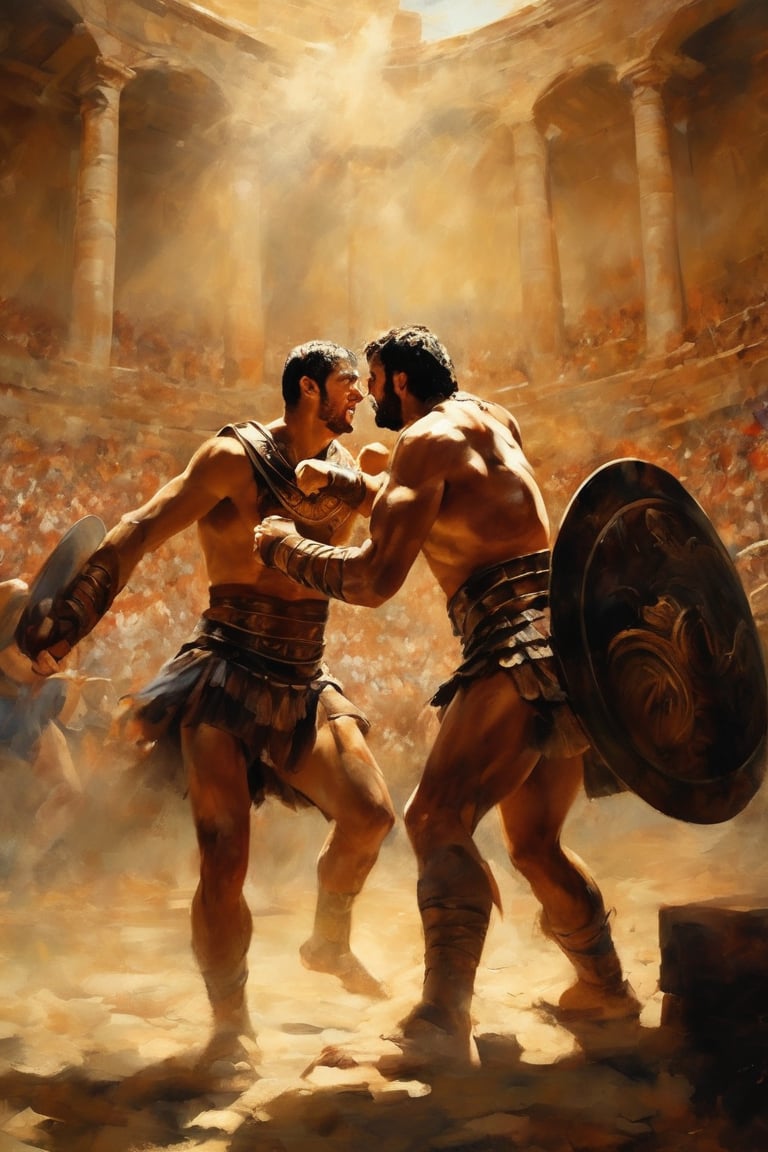 In a lavish oil painting style, two gladiators engage in a fierce battle within the packed coliseum arena, shrouded in deep shadow. The air is thick with tension as their chiseled bodies and muscular arms flexed in aggressive duel stance. Dust and gravel fly off their sandals as they clash, their movements capturing the grit and intensity of the players. The excited crowd cheers from the shadows, their faces aglow with anticipation. The scene transports viewers to an era that transcends history, immersing them in the raw energy and primal excitement of the ancient world's most iconic spectacle.