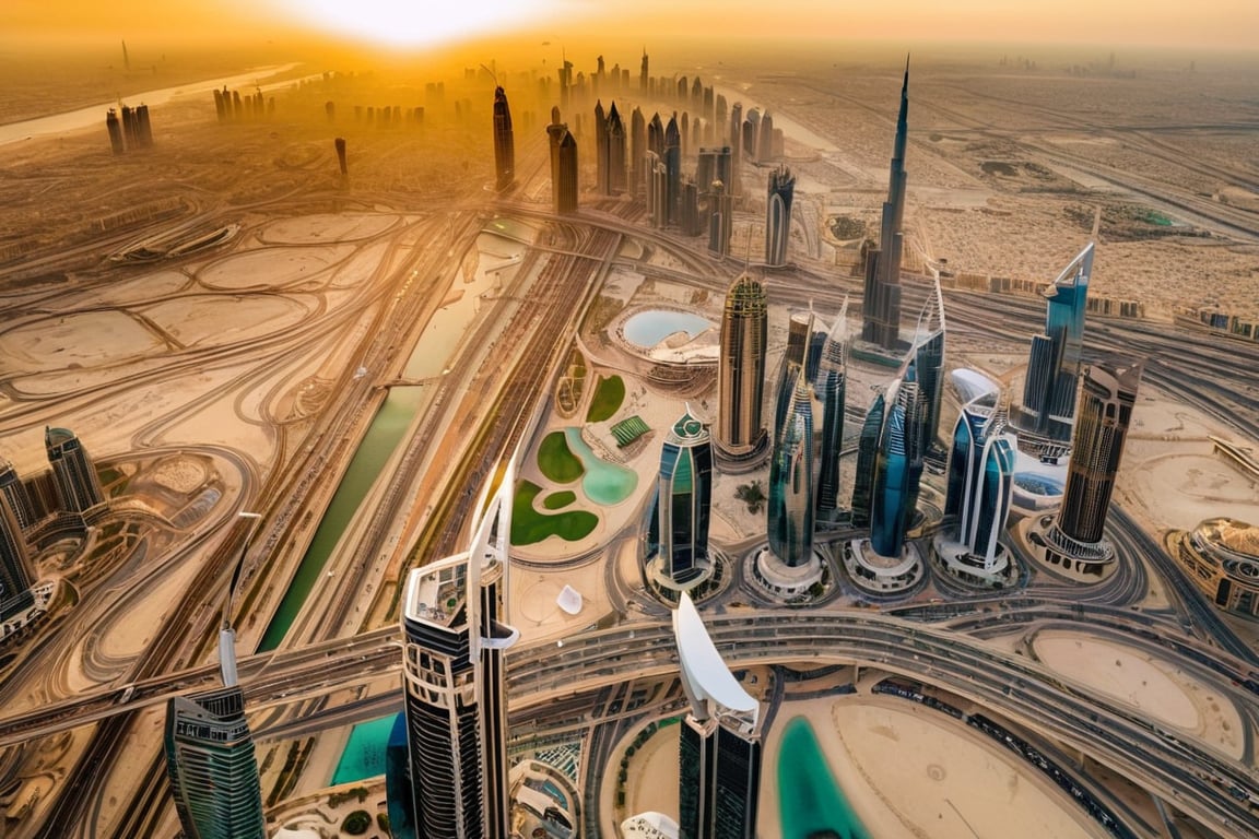 Panoramic shot from atop Burj Khalifa's helicopter pad: Dubai's metropolis sprawls below, bathed in warm sunlight. Sheikh Zayed Road's skyscrapers stand tall, while distant traffic hum and chatter harmonize in a lively symphony. The tranquil creek glimmers in the distance, juxtaposed against the city's frenetic energy.