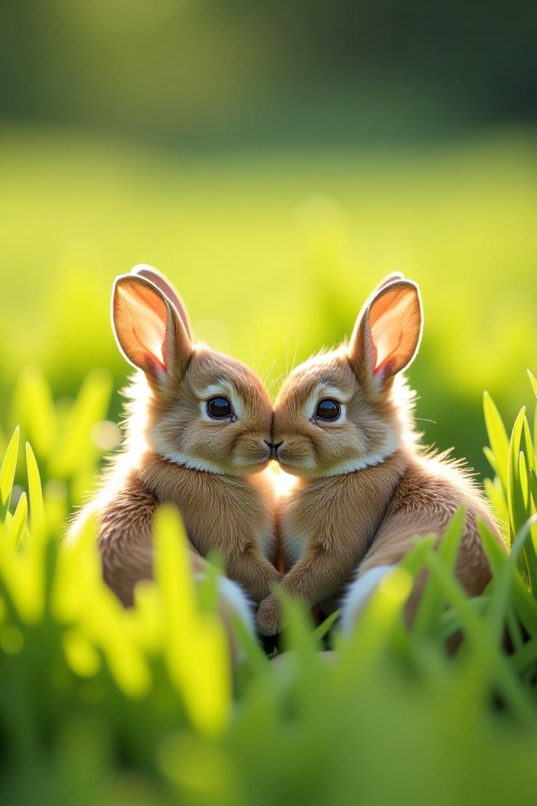 A heartwarming scene of baby rabbits nestled in a field of soft,  green grass. The framing captures the tiny creatures snu...