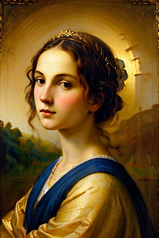 A majestic oil portrait, reminiscent of Raphael's High Renaissance masterpieces, captures the essence of a serene milkmaid. Softly lit from within by subsurface scattering, her gentle features are bathed in a warm, golden glow. A delicate drop shadow beneath her chin adds depth and dimensionality to the composition. Framed by a subtle border of ornate gold leaf, the subject's tranquil expression seems to whisper secrets amidst a lush, verdant background, evoking the timeless elegance of 19th-century Dutch art.