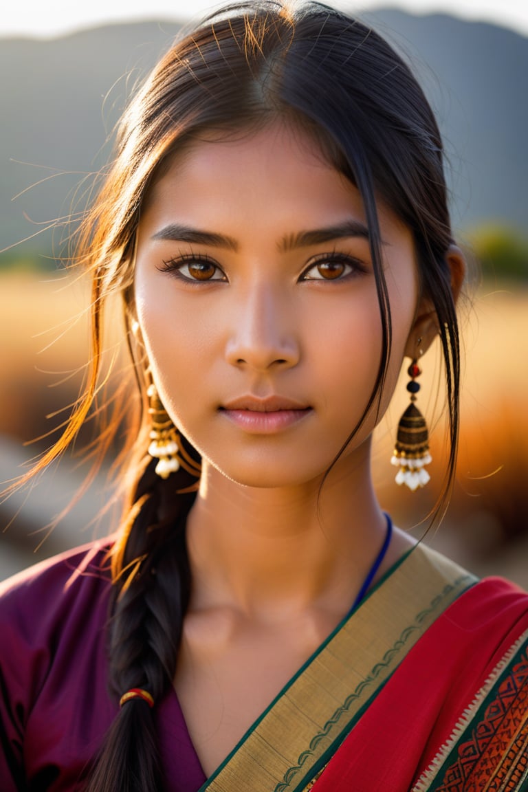 Half-length portrait of an Indo-Chinese girl, in a North-East Indian tribal dress, outdoors. Warm sunlight casts a gentle glow on her gorgeous features, capturing her beuty. Her hazel eyes, with medium pupils and delicate eyelashes, shine like embers. Softly reflected highlights adorn her dark Silky hair, while detailed facial expressions convey her warmth. Natural skin texture, precise ear, eyebrow, and eyelash details add depth to the image. She stands casually against the vibrant mountainous landscape, captured with the Sony a7 III's exceptional lens.