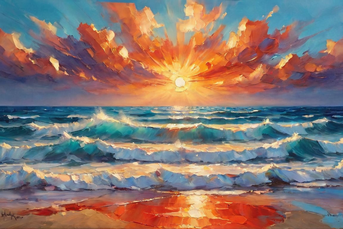 Awe-Inspiring Turquoise Horizon: A majestic oil painting capturing the breathtaking moment when day yields to night's whispers. Against a vibrant backdrop of orange, crimson, and cobalt blue, waves crash onto the shoreline with rhythmic fury. The setting sun casts a warm glow on the wet sand, as if infused with divine light. In the foreground, a dynamic wave rises like a mighty fist, its foamy crest glistening in the fading light. The turquoise ocean stretches out to infinity, a canvas of cerulean serenity awaiting the dawn's palette.