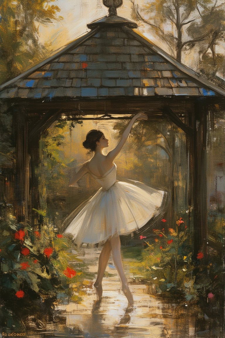 A graceful ballerina in a flowing tutu, practicing her pirouettes in a charming backyard gazebo. The scene is bathed in soft, golden evening light, casting gentle shadows on the wooden structure. The ballerina stands en pointe, her arms extended elegantly, as she spins gracefully. The gazebo is surrounded by lush greenery and blooming flowers, creating a serene and picturesque setting.