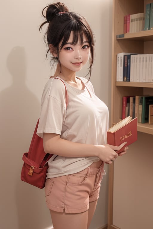 Miyaki's warm smile radiates a gentle warmth, illuminating the public library's beige walls. She stands side-angled, her bold red canvas keds peeking from beneath pastel pink demi shorts and grey-white baseball shirt. Her silky brown-black hair is neatly held in a bun by a chopstick, drawing attention to her luscious lips and defined jawline. Brown eyes sparkle with warmth, as she poses confidently, books precariously balanced at her side.