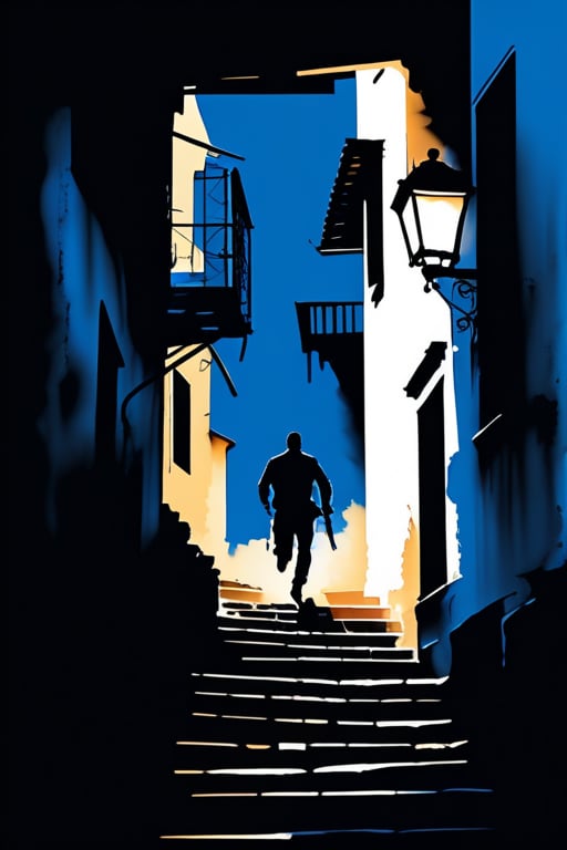 A picture created in blue, white, black ink: Still of the night, an alley grilled stairways leading to rooftops, 1man, running assassin waving a gun, silhouette, ink brushstrokes in background, upper body, dynamic brushstrokes, masterpiece quality, stunning image, INK