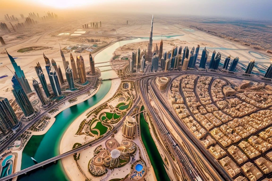 A breathtaking aerial shot from the helicopter above Burj Khalifa's peak: Dubai's metropolis sprawls beneath, bathed in warm sunlight as Sheikh Zayed Road pulses with activity. Towering skyscrapers stand tall amidst vibrant streets, while the distant hum of traffic and chatter harmonize in a lively symphony. The serene creek glimmers in the distance, its tranquil waters a striking contrast to Dubai's frenetic energy.