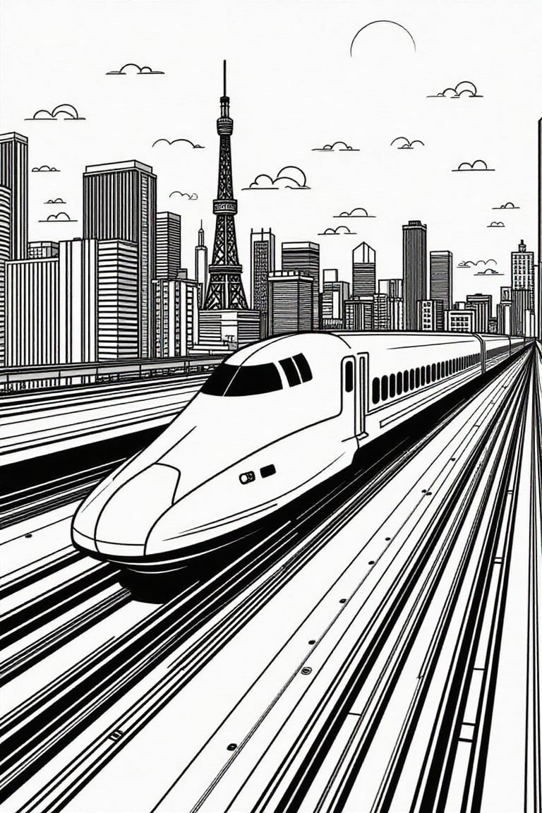 Color line art illustration of a Shinkansen bullet train speeding through a vibrant Tokyo cityscape. The train is depicted...