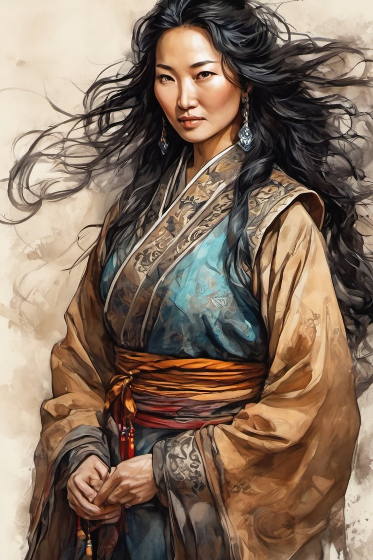 A mid-age attractive Mongol woman, long black wavy hair, light brown eyes, slim curves, fitting traditional dress. upperbody portrait, post-processing rendering, transition between two styles in art, Ink drawing to Cinematic brilliant color realism, masterpiece, surrealism, ultra detailed, high resolution
