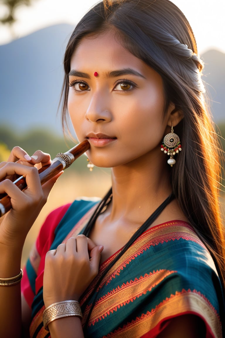 Half-length portrait of an Indo-Chinese girl, in a North-East Indian tribal dress, playing the flute outdoors. Warm sunlight casts a gentle glow on her gorgeous features, capturing her beuty. Her hazel eyes, with medium pupils and delicate eyelashes, shine like embers. Softly reflected highlights adorn her dark Silky hair, while detailed facial expressions convey her warmth. Natural skin texture, precise ear, eyebrow, and eyelash details add depth to the image. She stands casually against the vibrant mountainous landscape, captured with the Sony a7 III's exceptional lens.