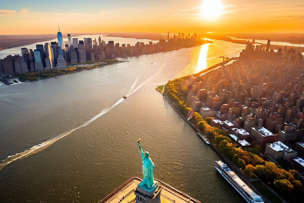 A majestic view unfolds as I stand atop the iconic Statue of Liberty, gazing out at the sprawling metropolis of Manhattan. The sun casts a warm glow on the towering skyscrapers and bustling streets below, while the distant hum of traffic and chatter creates a lively symphony. The Hudson River glimmers in the distance, its serene waters a stark contrast to the city's frenetic energy.