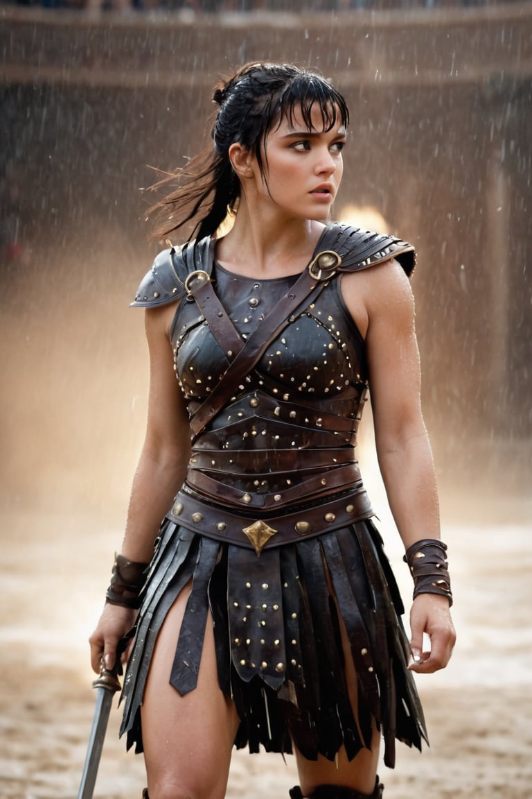 A young woman gladiator similar to Xena Warrior Princess,  Her embossed shield protects whilst her sword strikes,  her opp...