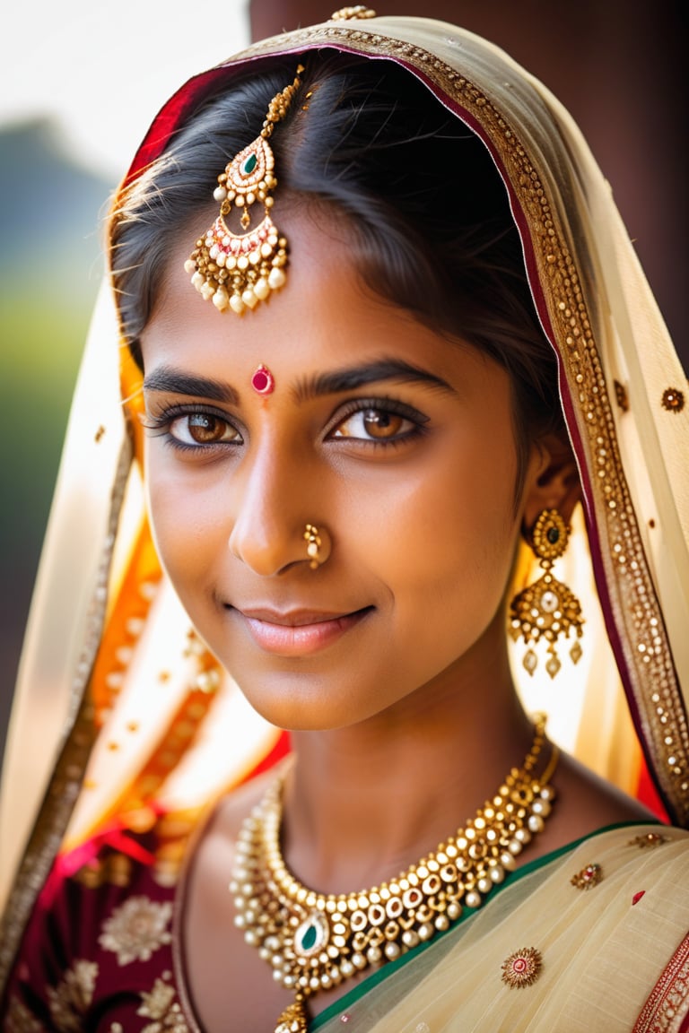 Half-length portrait of an Indian girl, in gaiety, Adorned in rich finery as she is ready to be a bride, on her wedding day. Warm sunlight casts a gentle glow on her brown features, capturing her beauty. Her smile evident in her hazel eyes, with medium pupils and delicate eyelashes, shine like embers. Softly reflected highlights adorn her dark hair, while detailed facial expressions convey her warmth. Natural skin texture, precise ear, eyebrow, and eyelash details add depth to the image. She stands casually against the vibrant landscape, captured with the Sony a7 III's exceptional lens.