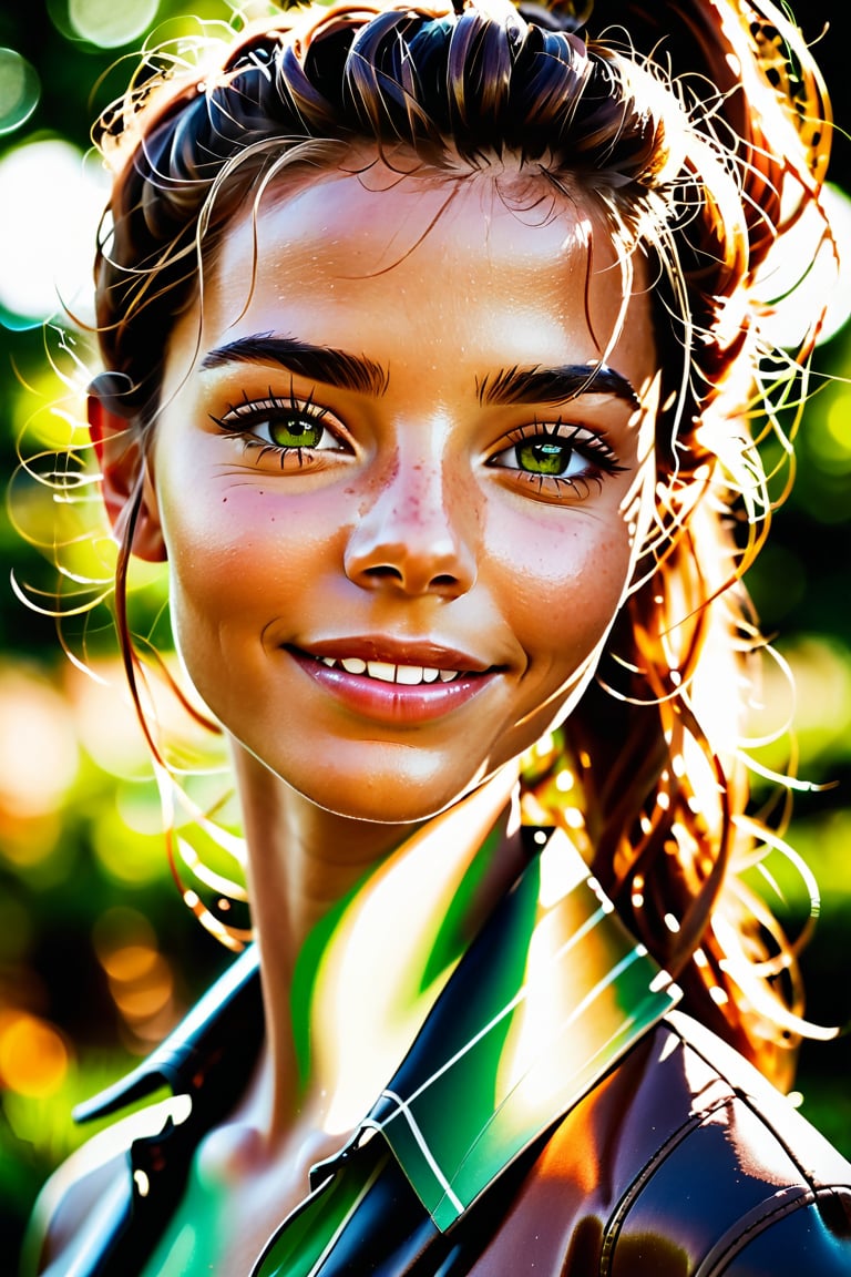 Captured with precision using the Sony a7 III camera, this half-length portrait of a woman's brown features shines against an outdoor backdrop. Softly lit, her warm smile and gentle mouth creases radiate kindness. Greyish-green eyes sparkle with medium pupils and intricate eyelashes. Hair is meticulously detailed, with softly reflected highlights accentuating its natural texture. Facial expressions are perfectly captured, with realistic skin texture, defined ear shapes, and minute eyebrow and eyelash details. Tiny facial hairs add a touch of realism to this stunning portrait.