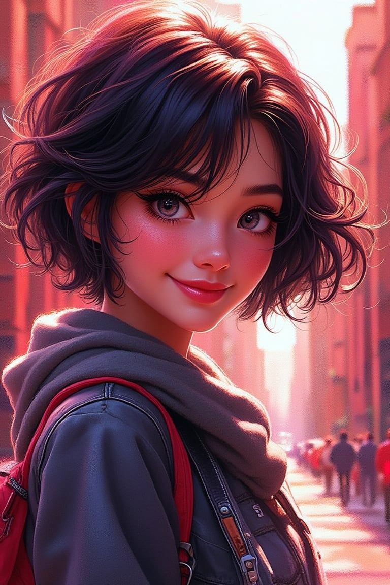 A vibrant digital illustration of a young woman radiates energy against a textured urban backdrop. Her bright grey eyes sparkle with warmth, framed by bold black eyelashes, as she flashes an adorable smile. Blunt-cut hair is styled in a messy-chic manner, adding to her edgy charm. Dynamic brushstrokes and electric colors create a lively atmosphere, drawing the viewer's eye to her captivating gaze.