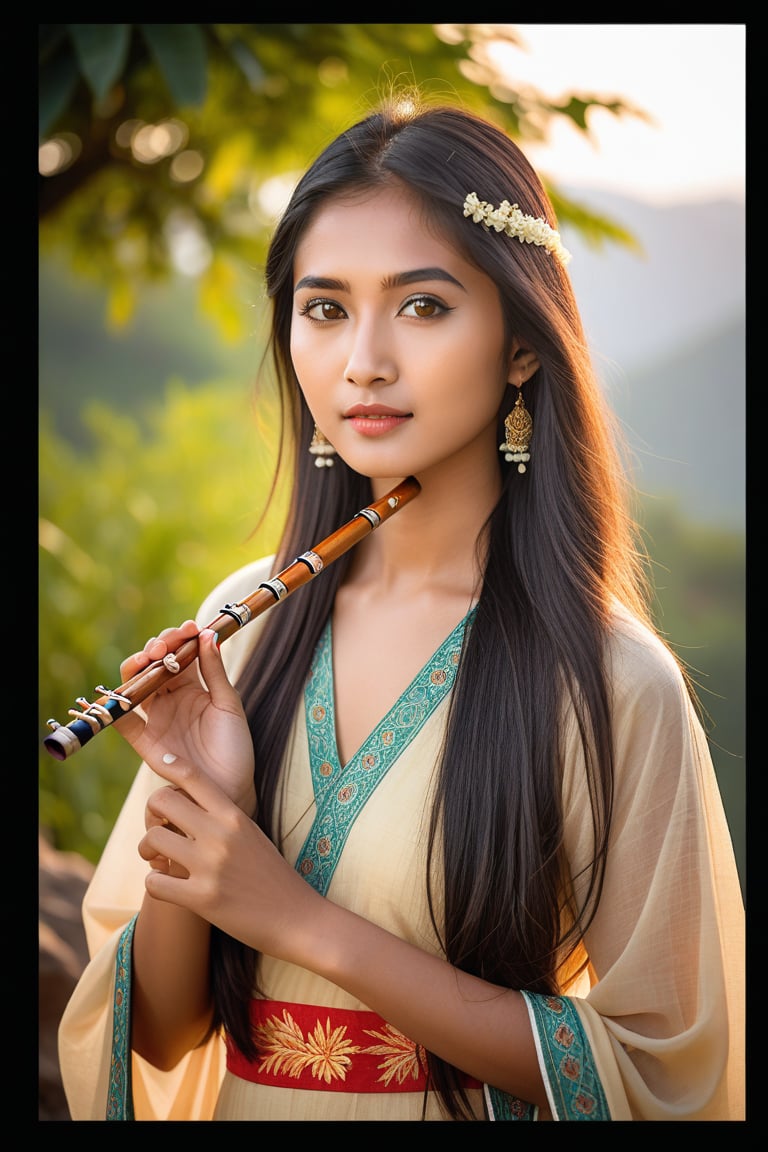 Half-length portrait of an Indo-Chinese girl, in a summer dress, playing the flute outdoors. Warm sunlight casts a gentle glow on her gorgeous features, capturing her beuty. Her hazel eyes, with medium pupils and delicate eyelashes, shine like embers. Softly reflected highlights adorn her dark Silky hair, while detailed facial expressions convey her warmth. Natural skin texture, precise ear, eyebrow, and eyelash details add depth to the image. She stands casually against the vibrant mountainous landscape, captured with the Sony a7 III's exceptional lens.