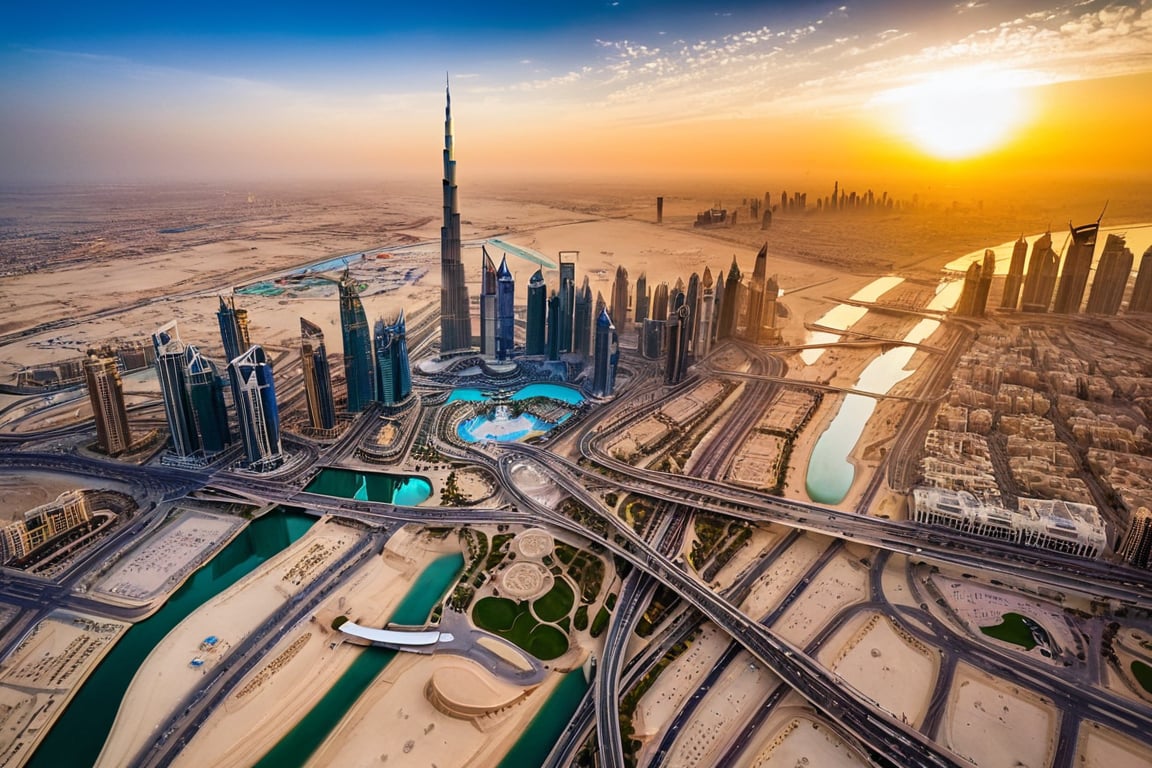 A majestic aerial view unfolds: as I watch from the chopper atop the iconic Burj Khalifa, gazing out at the sprawling metropolis of Dubai. The sun casts a warm glow on the towering skyscrapers and bustling Sheikh Zayed Road below, while the distant hum of traffic and chatter creates a lively symphony. The creek glimmers in the distance, its serene waters a stark contrast to the city's frenetic energy.