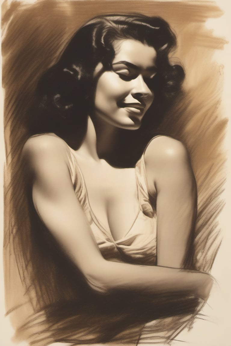 A sepia shade charoal sketch: An attractive 1950's Mexican woman, her wet hair and wet skin glisten by the soft light, showcasing her facial features and her natural curves. under a wet flimsy see-through top. 