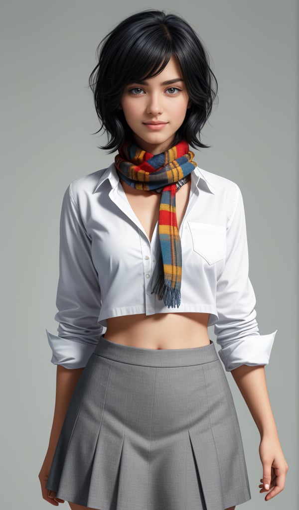 A cowboy shot of a woman,  one side of her face is covered with her short,  jet-black hair. She wears a colorful scarf und...