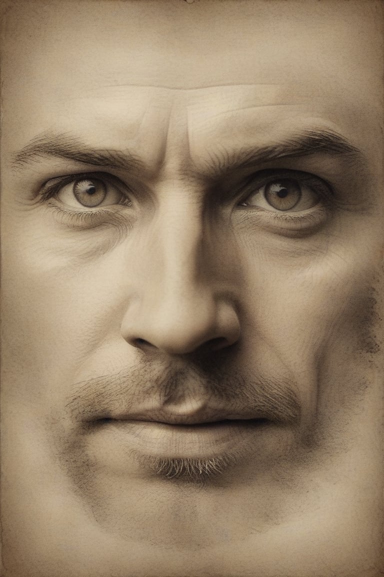 A close-up shot of a actor's face, framed by a subtle gradient of gray-sepia tones, emphasizing the subject's features and creating a sense of depth. Ink strokes render bold simplicity, capturing the essence of their character. His eyes gaze directly into the lens, with eyelids slightly narrowed to convey introspection, of his robust character. Soft, creamy brown background subtly textured to evoke parchment or old book pages, adding an air of nostalgia and mystery.