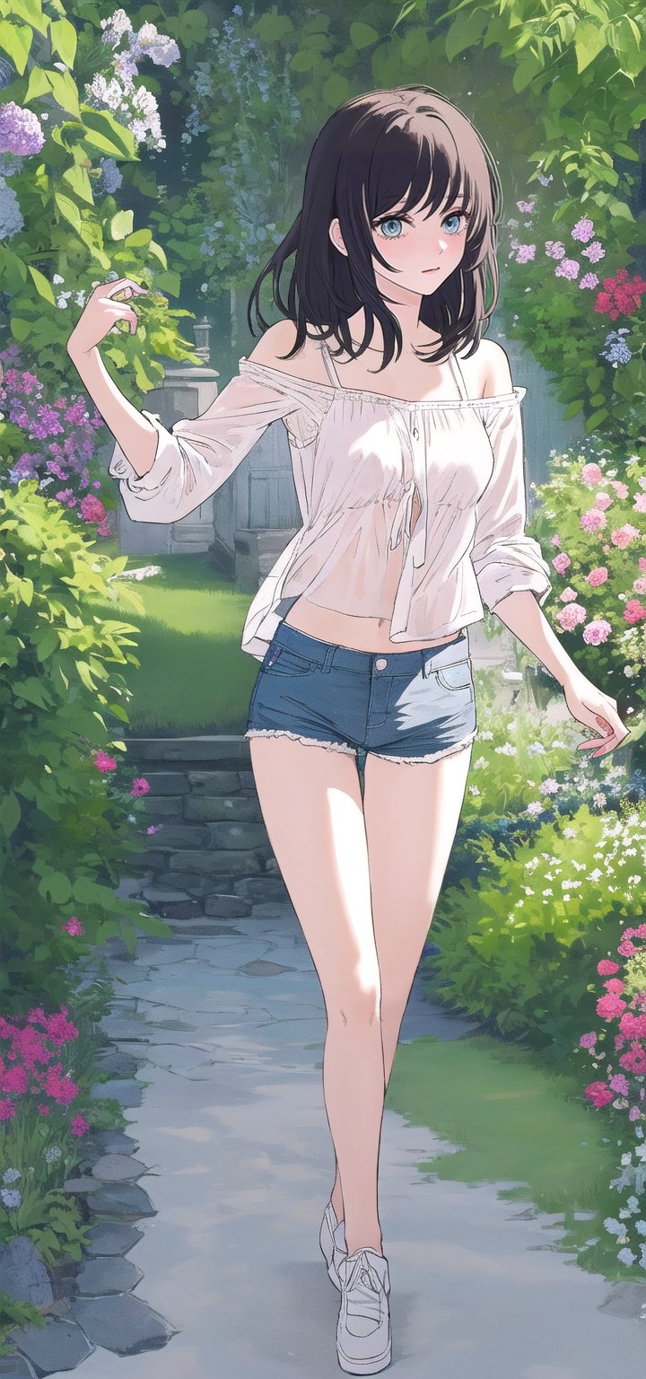 Remarkable beautiful girl, dark hair, light eyes, wearing shorts, loose top beach garden,  josei style drawing, illustrative art, detailed, more Flowing rhythm