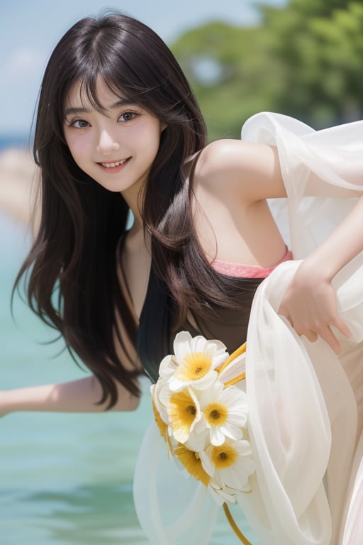 A majestic shot of Kiritani Mirei likeliness, looks smilingly at the viewer, on a summer day, Her striking silky brown-black hair, while her expressive brown eyes gleam with an air of happiness. The camera captures her cheerful mood, highlighting the intricate details of her futuristic attire as she gazes out into the unknown.