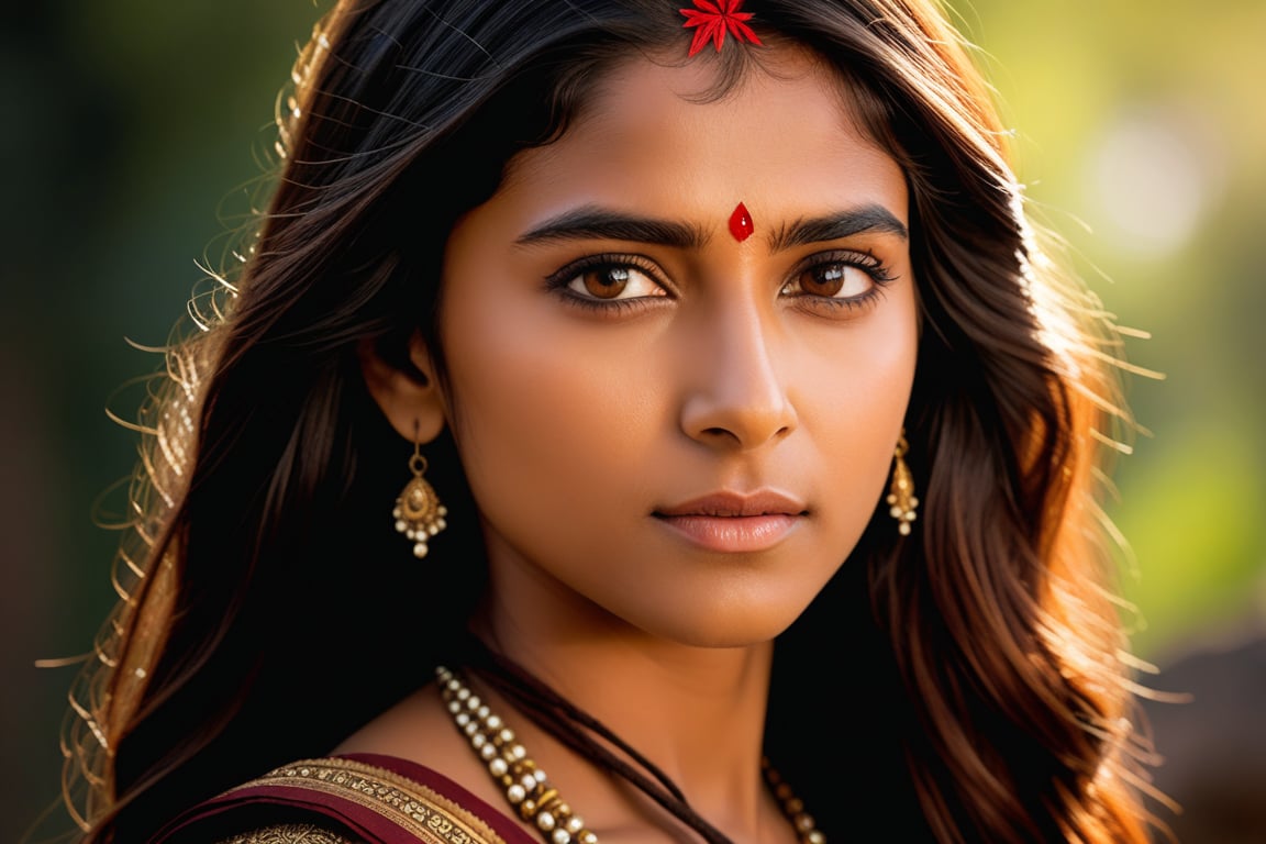 Capture a half-length portrait of an Indian princess brave, just widowed, out in battle, sari covered with Armour, notwithstanding the danger fighting off the enemies, outdoors using the Sony a7 III camera. Frame her face in a warm, inviting light, highlighting her brown features and angst. Her hazekl eyes shine bright with medium pupils and delicate eyelashes. Meticulously render her hair with softly reflected highlights and detailed facial expressions. Show natural skin texture, precise ear, eyebrow, and eyelash details, and add realistic tiny facial hairs for added depth.