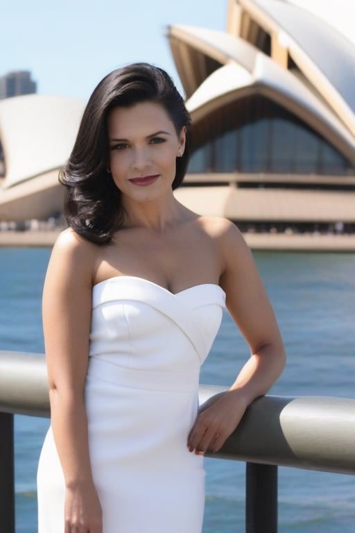 modern 33 year dark hair, elegant woman posing outside  sydney opera House