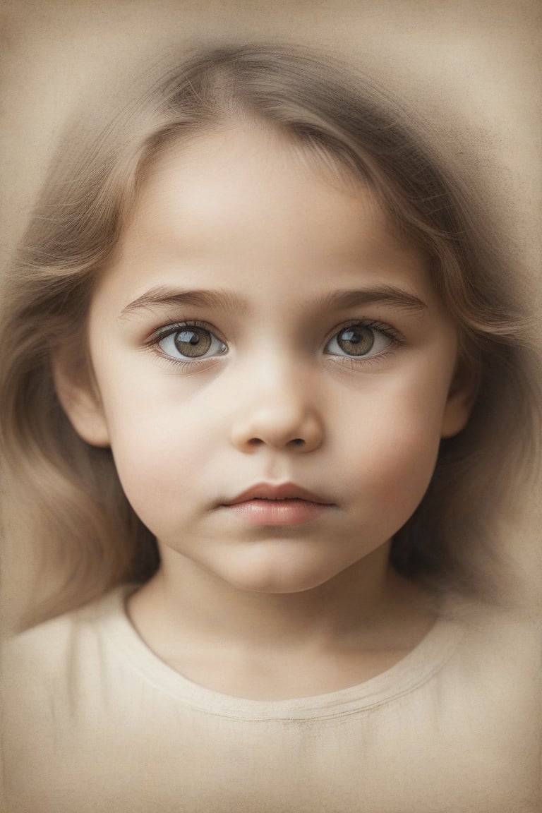 A close-up shot of a little girl's face, framed by a subtle gradient of gray-sepia tones, emphasizing the subject's features and creating a sense of depth. Ink strokes render bold simplicity, capturing the essence of her character. Her eyes shyly gaze directly into the lens, with eyelids slightly narrowed to convey curiosity, of her innocent character. Soft, creamy brown background subtly textured to evoke parchment or old book pages, adding an air of nostalgia and mystery.