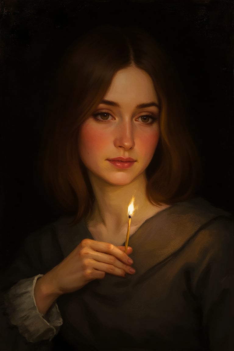 An intriguing painting: dark background, suspenseful atmosphere, the only light source is from the lighted match being held in front of her face, revealing her sharp features, well shaped oval face, shoulder length brown hair, light colored eyes, thin pink lips, slightly ajar, a qiuzical expression.